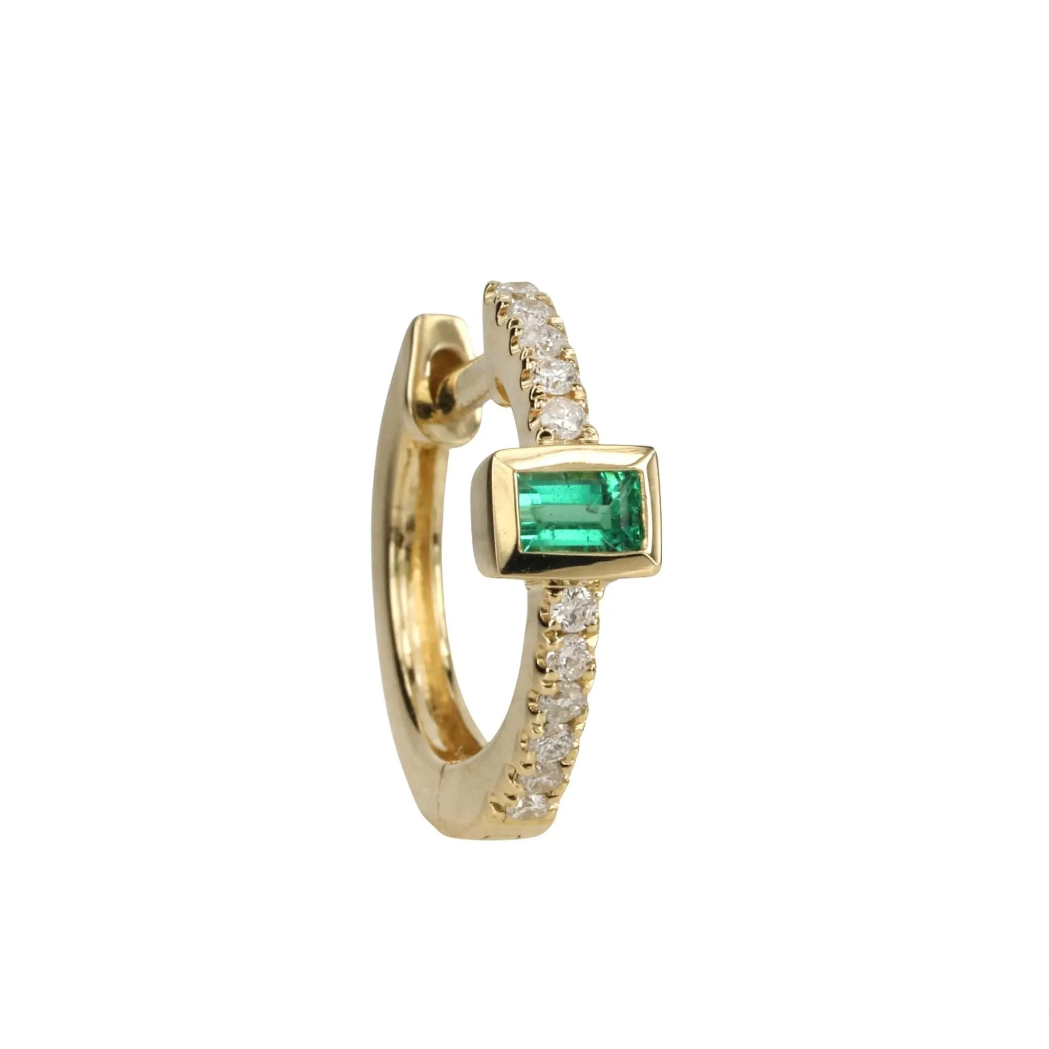 14K Baguette Emerald and Pave Diamond Huggie Hoop