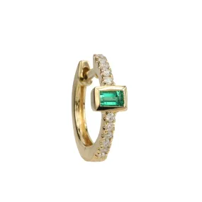 14K Baguette Emerald and Pave Diamond Huggie Hoop