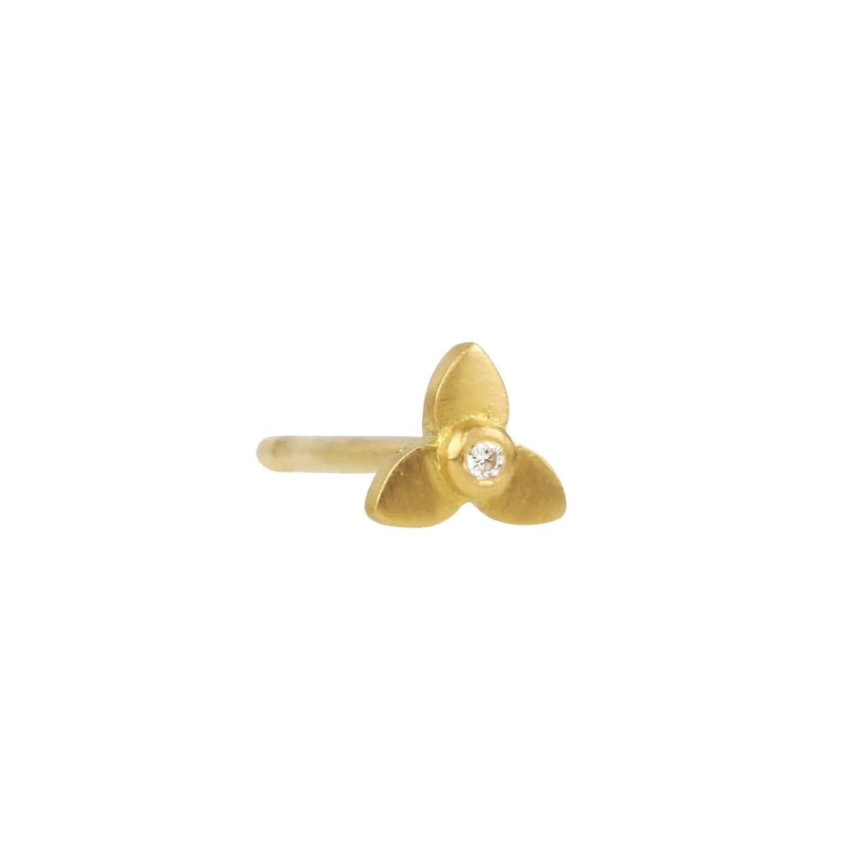 20K Gold XXS Three-Petal Flower Stud Earring with Diamond Center