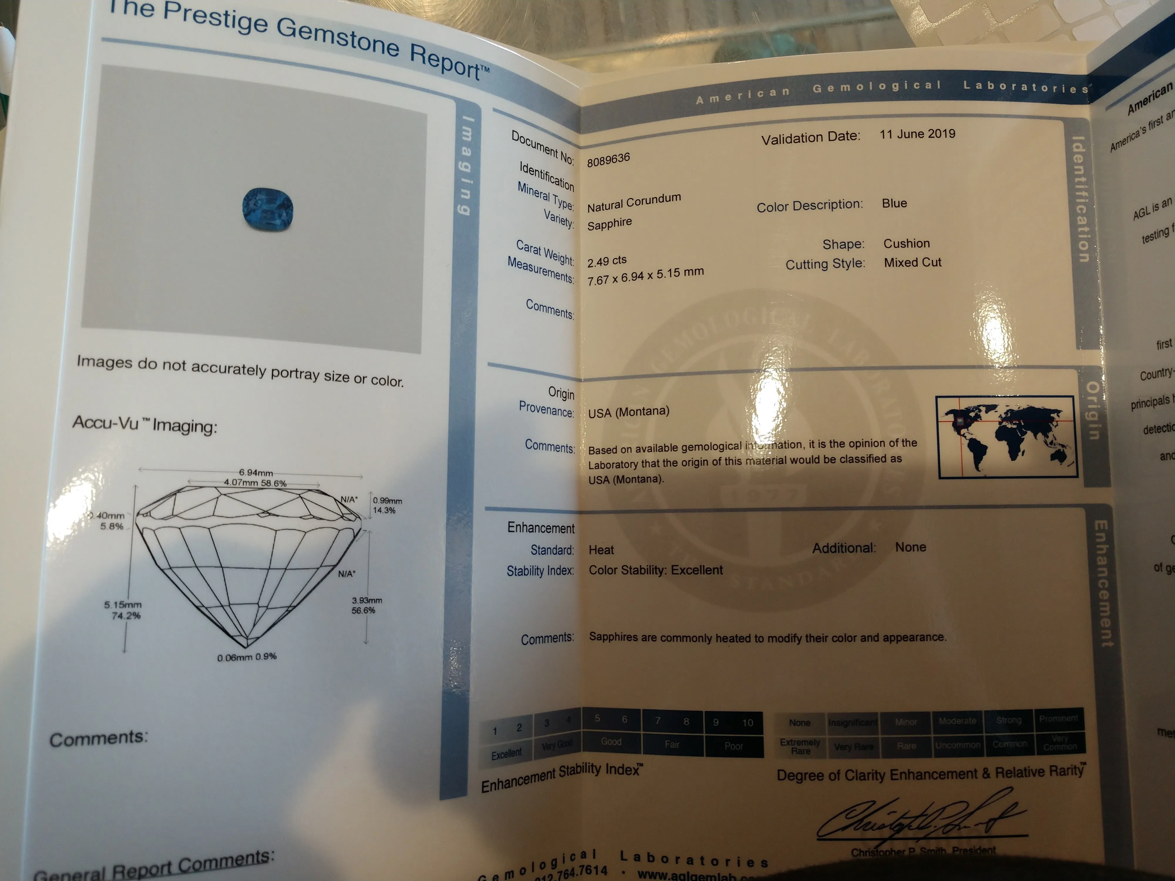 2.49 CT CUSHION OCEAN BLUE WITH A.G.L. CERTIFICATE