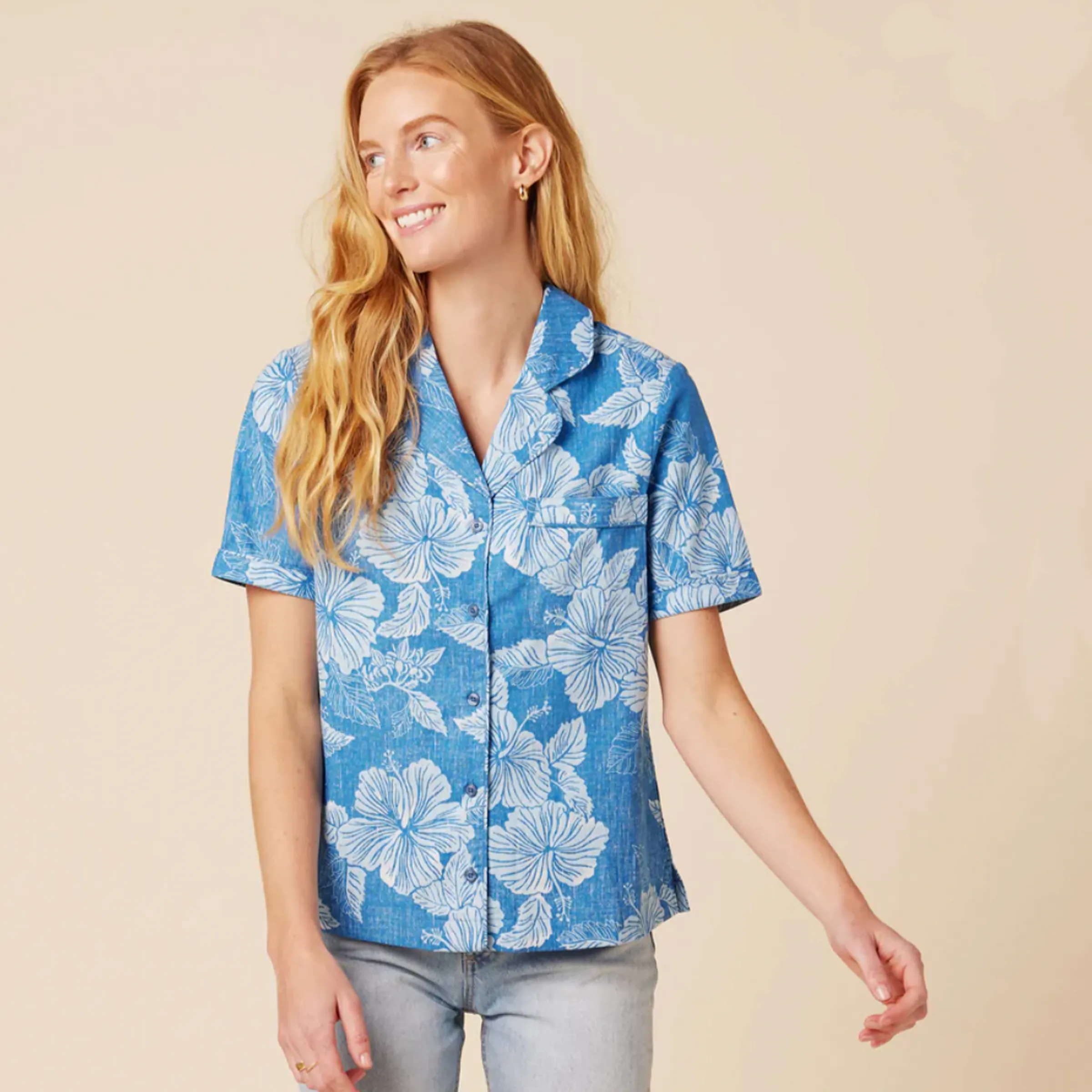 Aloha Biscus Camp Shirt - Ocean Blue