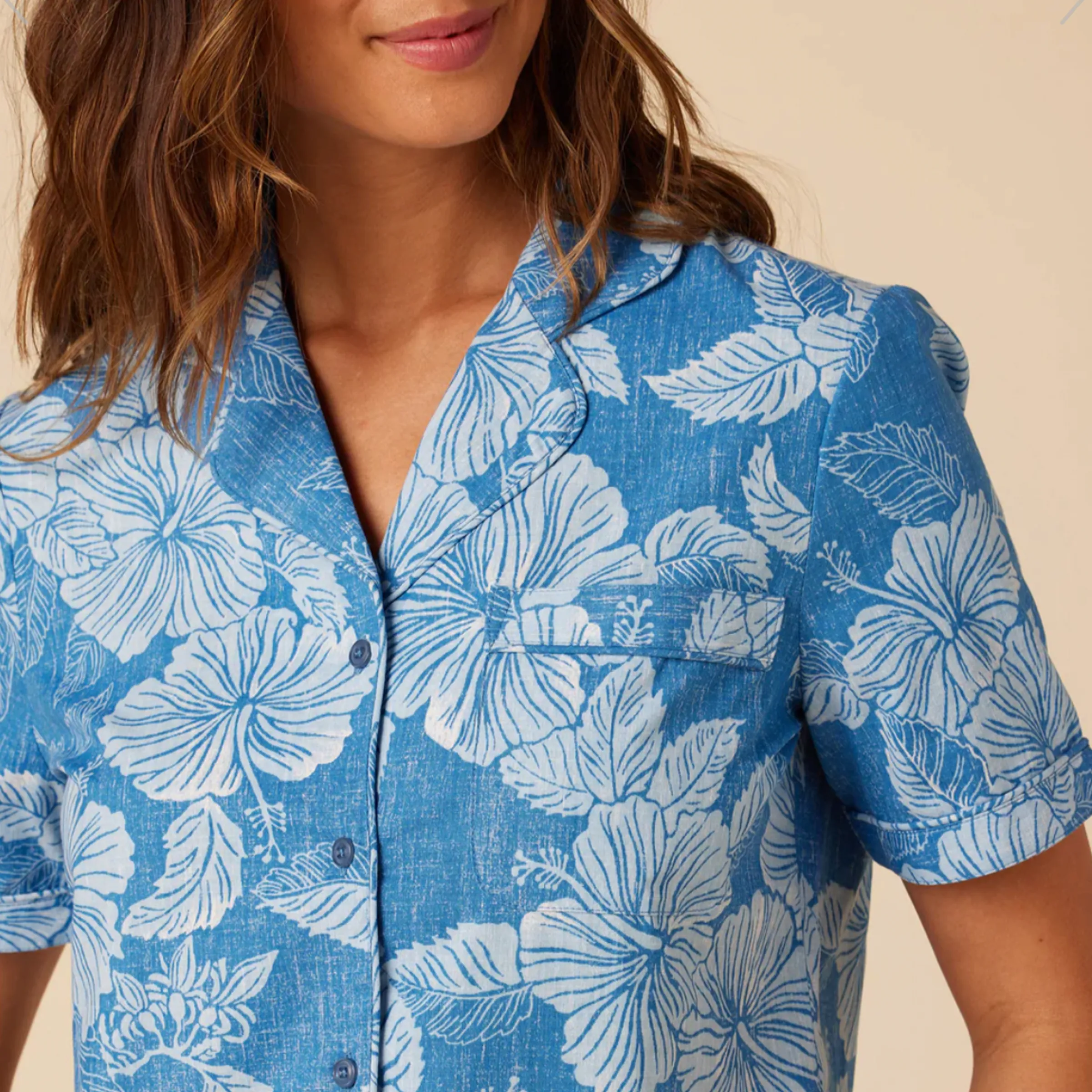 Aloha Biscus Camp Shirt - Ocean Blue