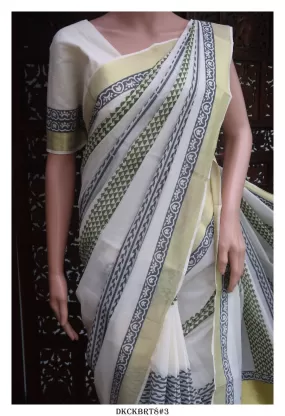 Anjali , Hand Block Printed Kerala Cotton Saree with Blouse -KIA001KSOC