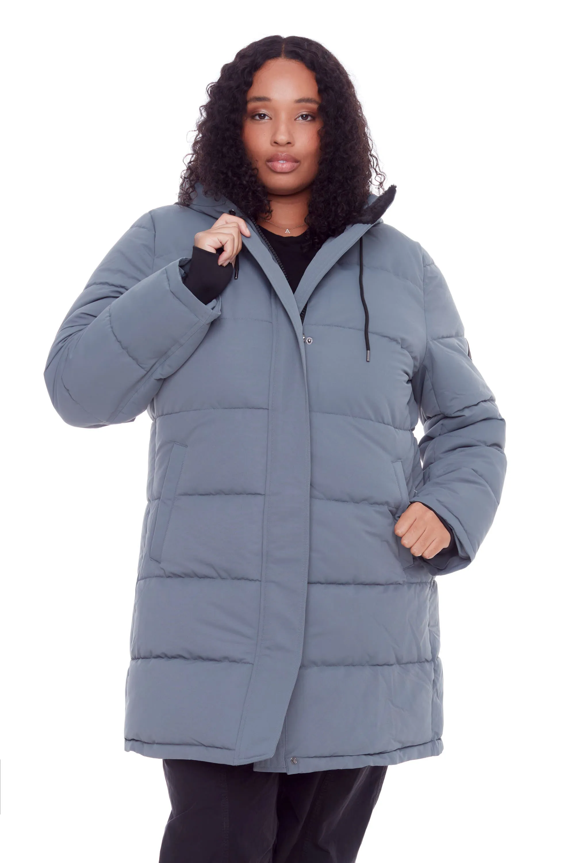 AULAVIK PLUS | WOMEN'S VEGAN DOWN (RECYCLED) MID-LENGTH HOODED PARKA COAT, SLATE (PLUS SIZE)