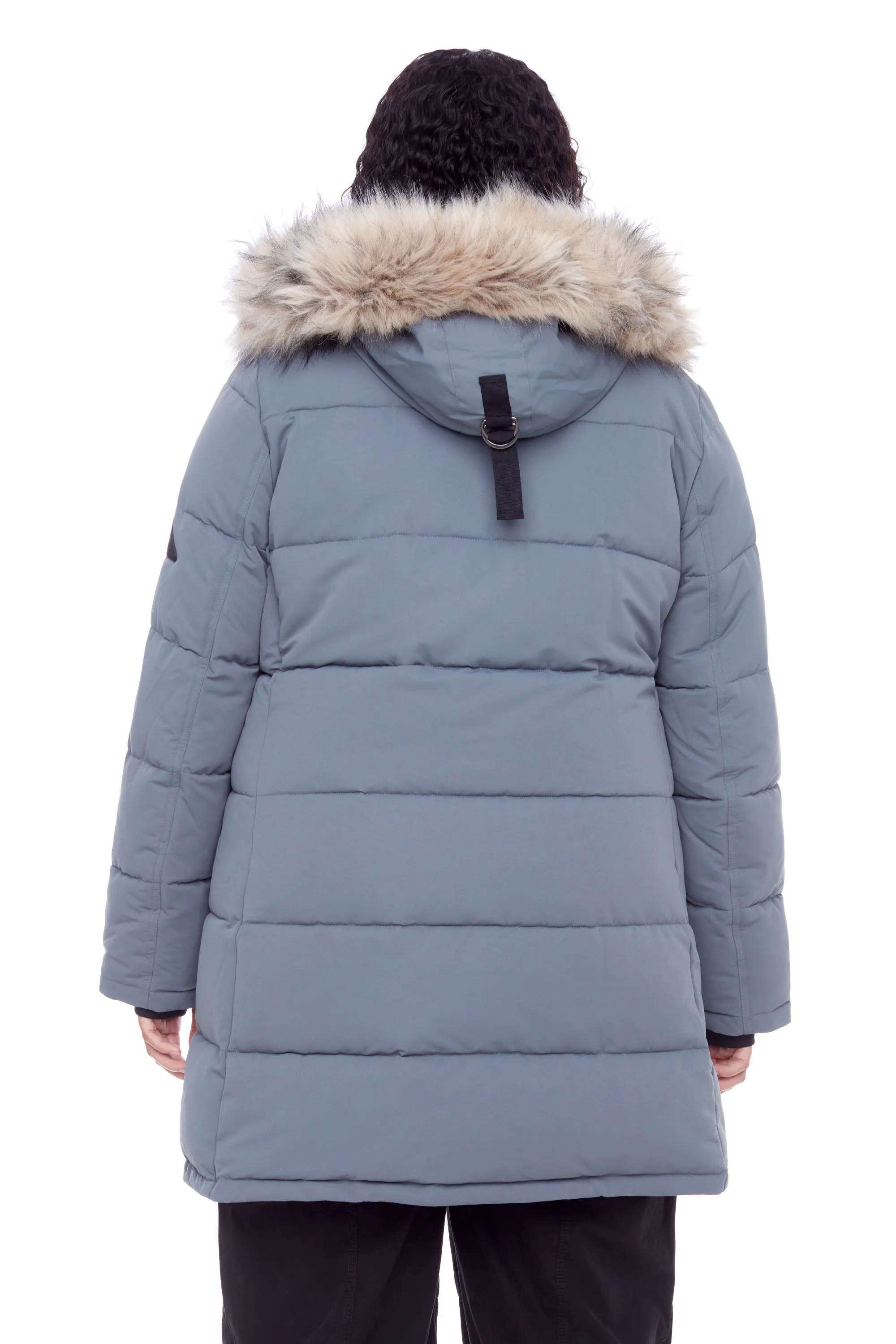 AULAVIK PLUS | WOMEN'S VEGAN DOWN (RECYCLED) MID-LENGTH HOODED PARKA COAT, SLATE (PLUS SIZE)