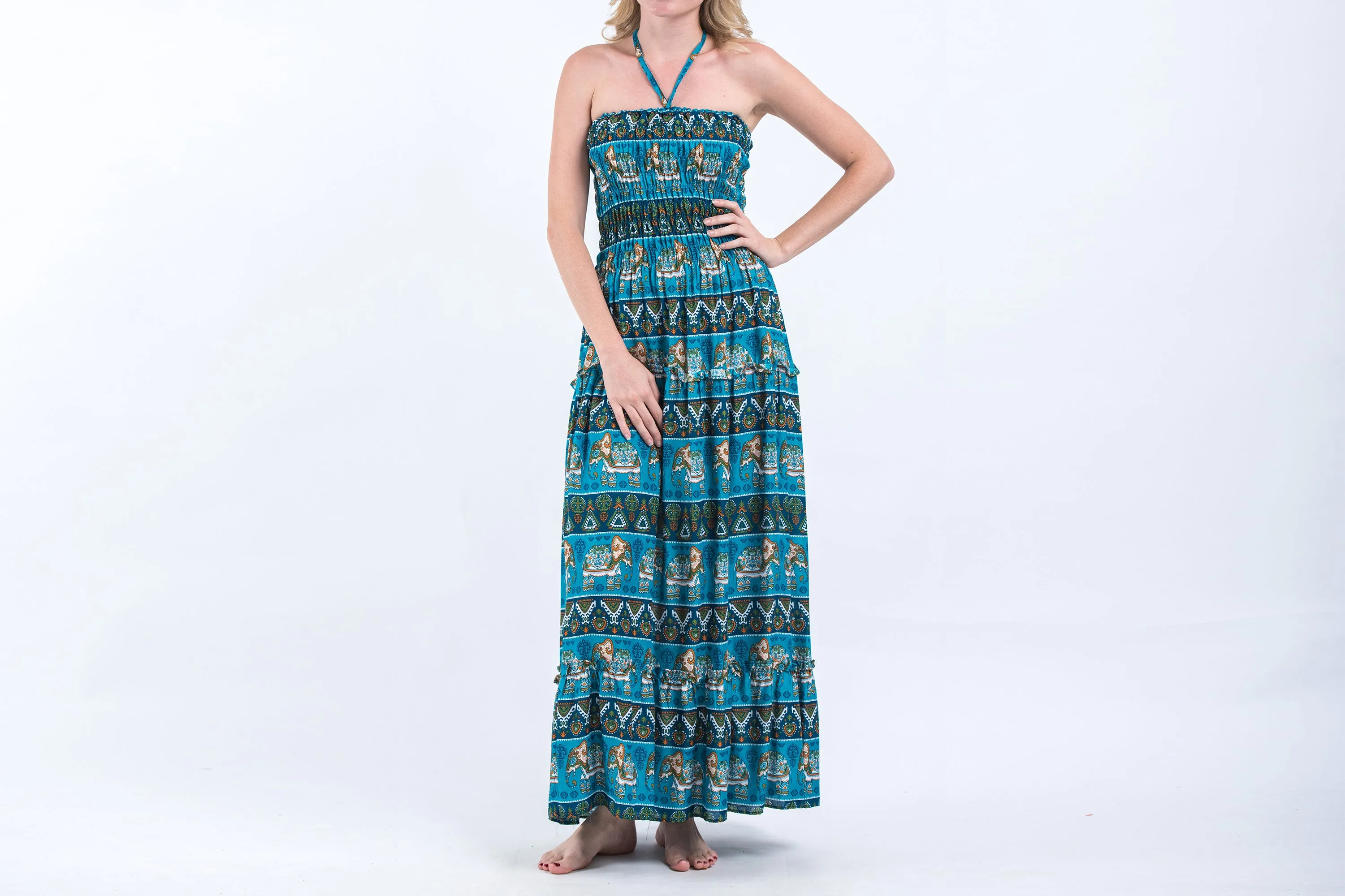 Aztec Elephants Smocked Bandeau Maxi Dress in Ocean Blue