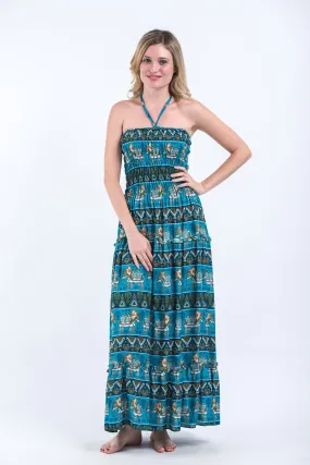 Aztec Elephants Smocked Bandeau Maxi Dress in Ocean Blue