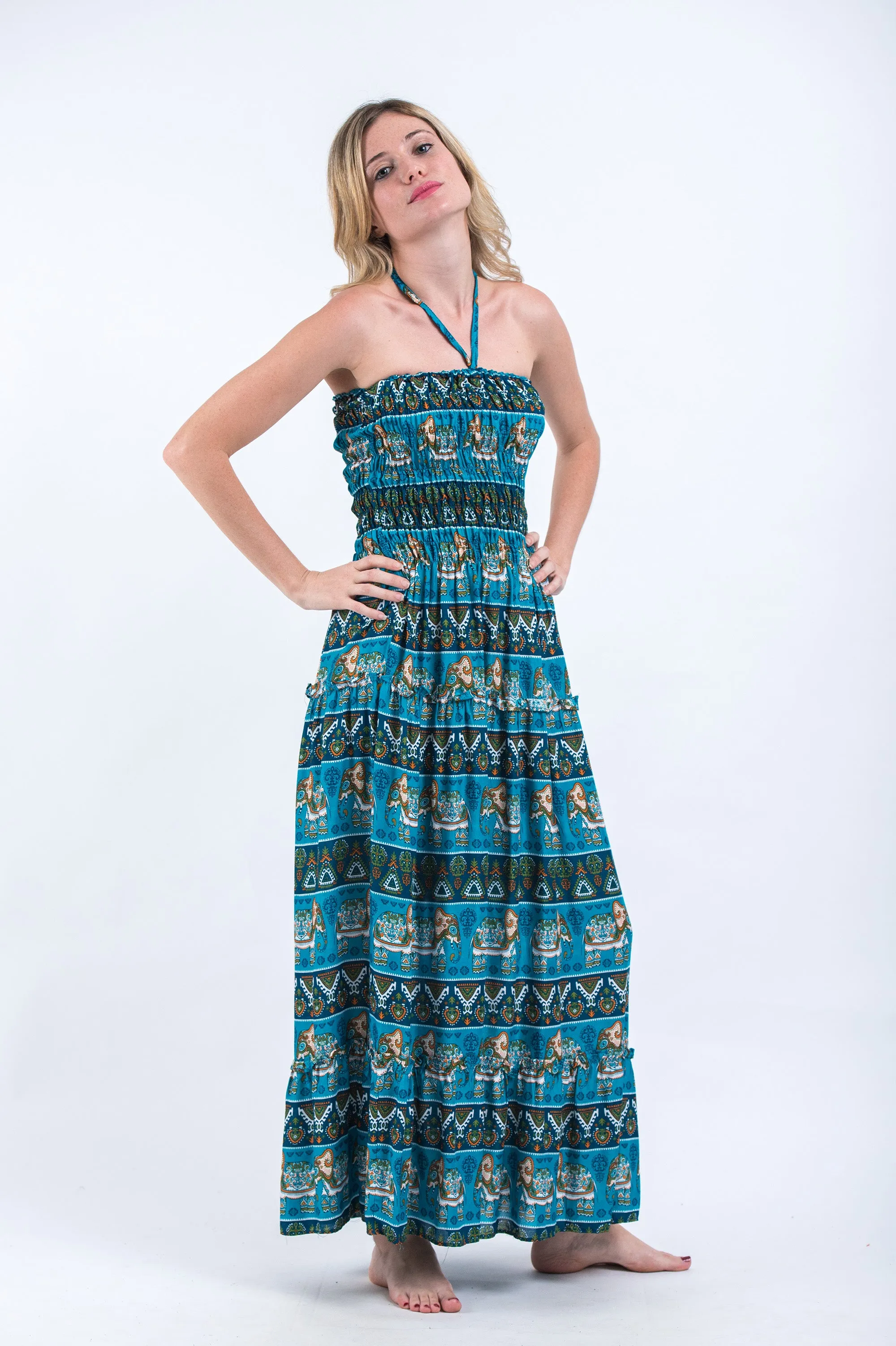 Aztec Elephants Smocked Bandeau Maxi Dress in Ocean Blue