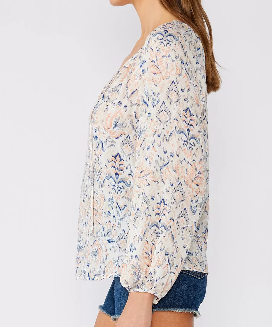 Boho Print Long Sleeve Blouse - Cream/Dusty Blue