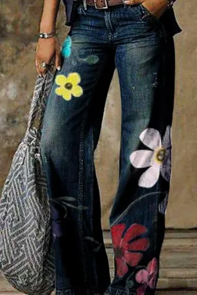 Casual Print Patchwork Mid Waist Boot Cut Denim Jeans(5 Colors)