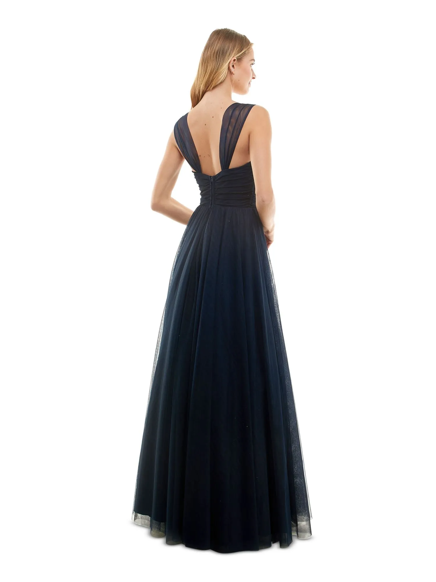 CITY STUDIO Womens Navy Zippered Pleated Lined Tulle Mesh Sleeveless V Neck Full-Length Formal Gown Dress