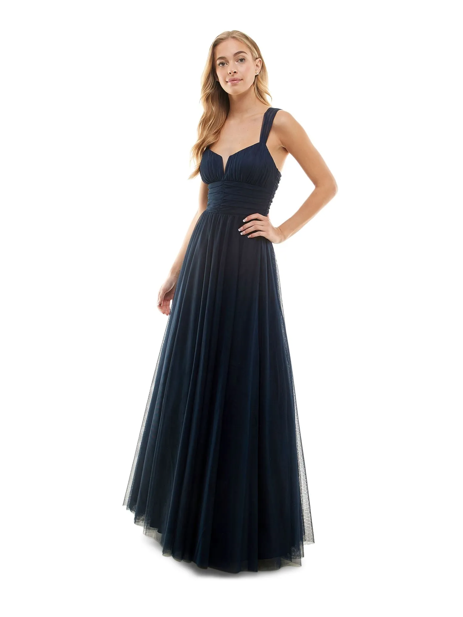 CITY STUDIO Womens Navy Zippered Pleated Lined Tulle Mesh Sleeveless V Neck Full-Length Formal Gown Dress