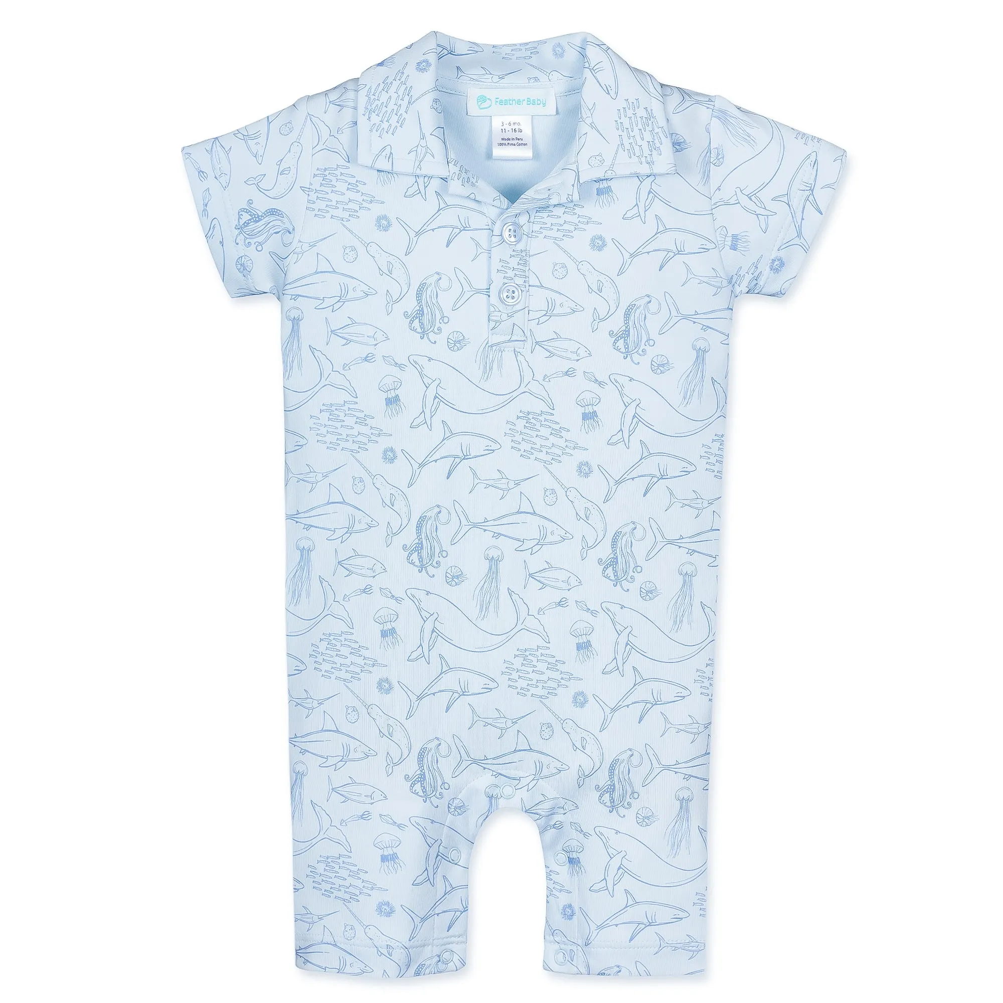 Collared Romper - Deep Ocean Dive on Baby Blue  100% Pima Cotton