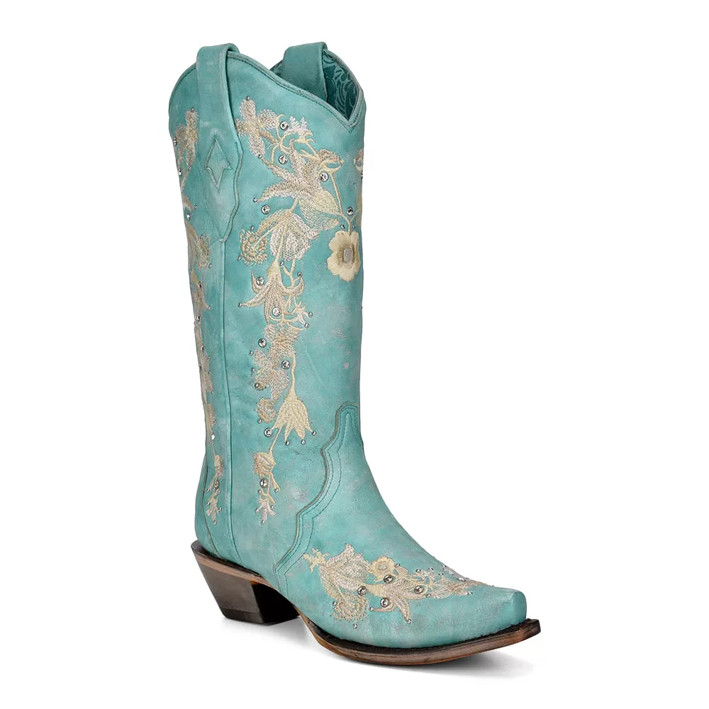 Corral Womens Turquoise Flower Embroidery Crystal Boots