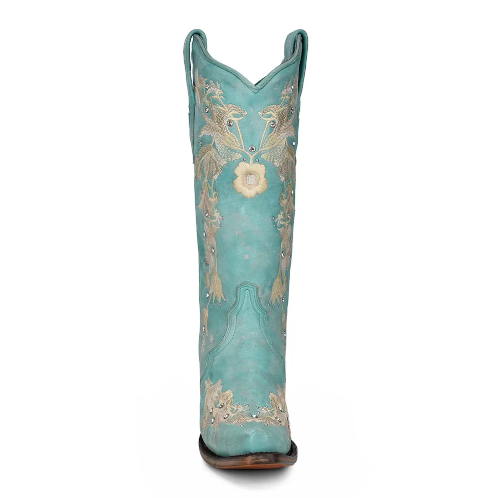 Corral Womens Turquoise Flower Embroidery Crystal Boots