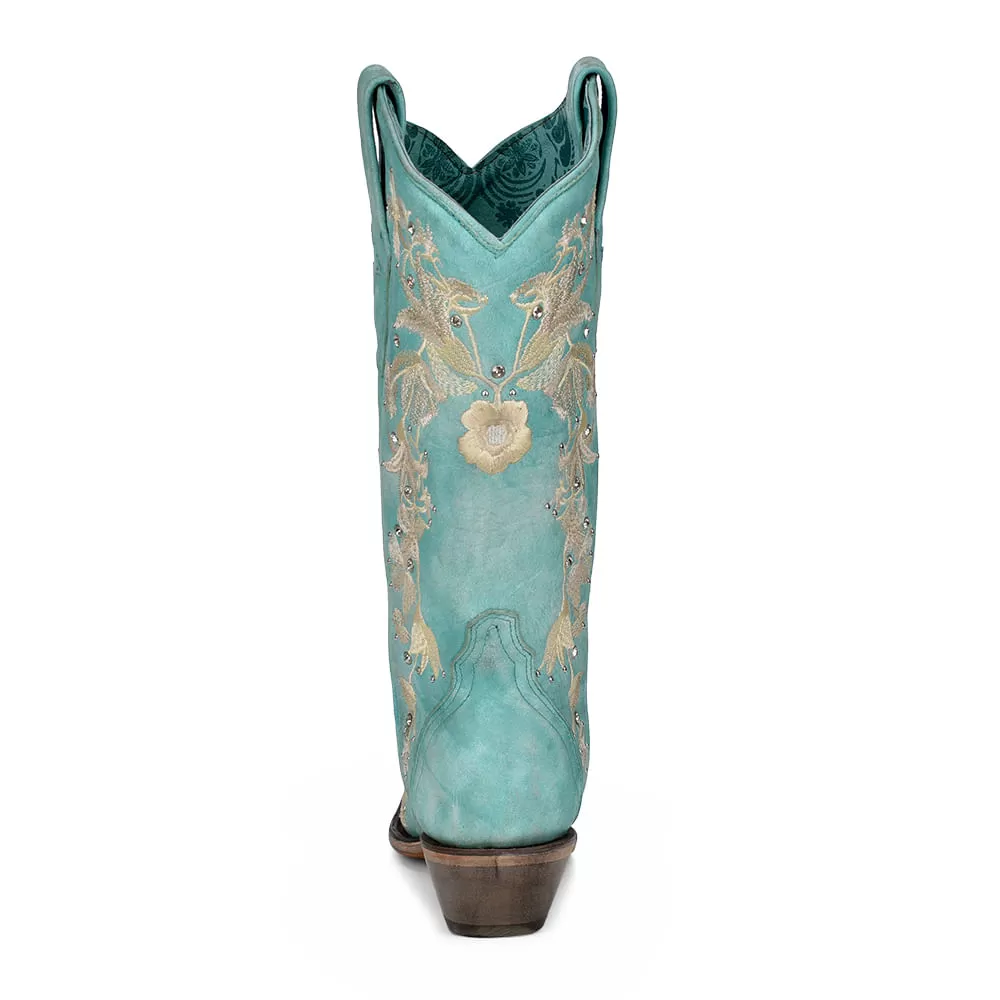 Corral Womens Turquoise Flower Embroidery Crystal Boots