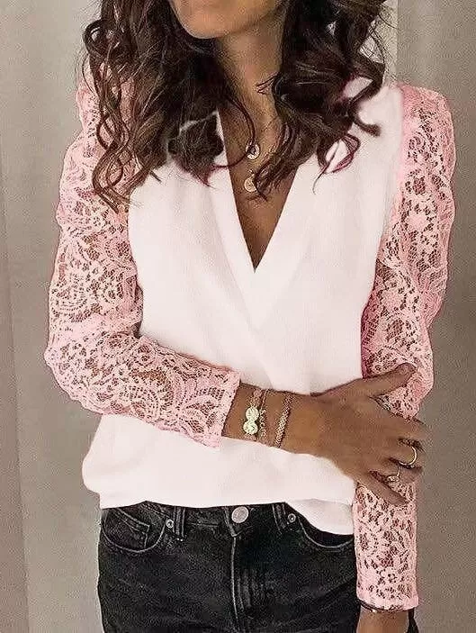 Elegant V-Neck Black, White & Pink Lace Blouse for Women