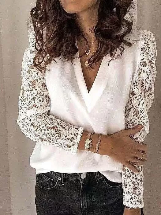 Elegant V-Neck Black, White & Pink Lace Blouse for Women