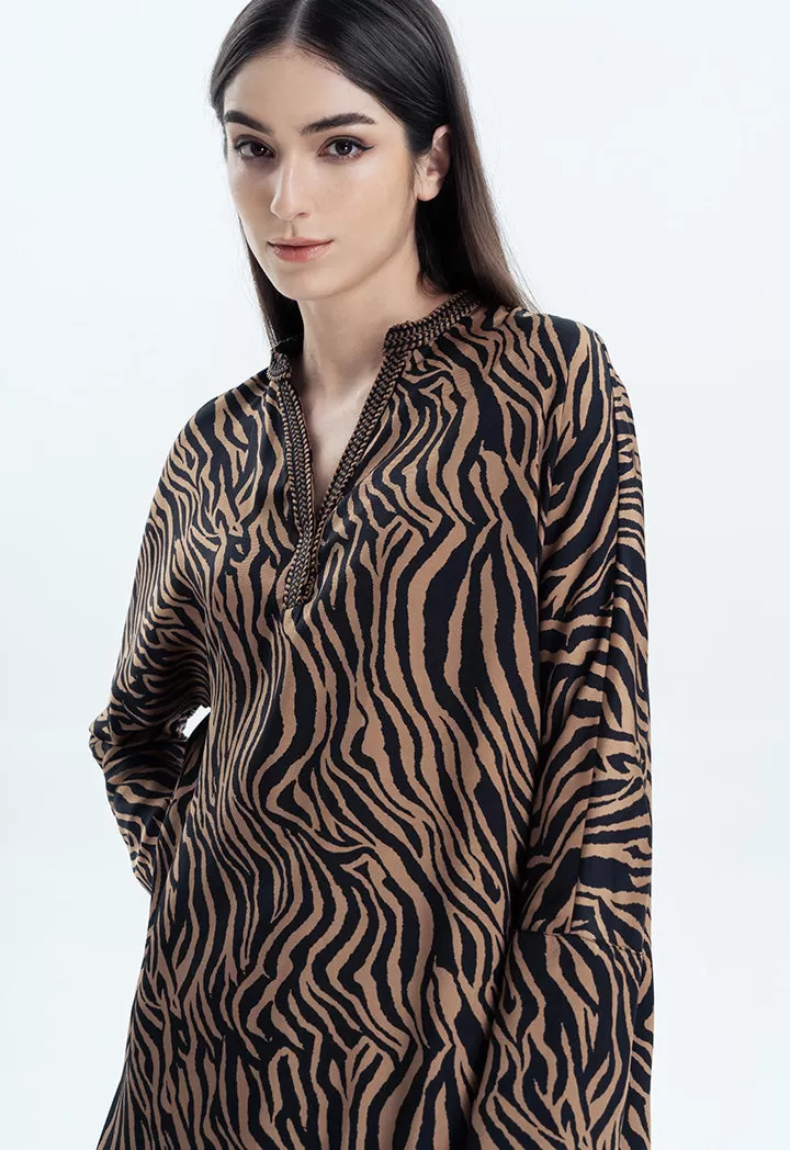 Embroidered Neck Zebra Printed Blouse