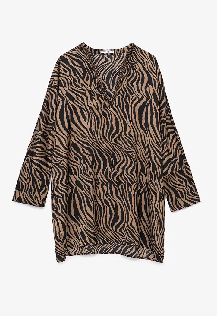 Embroidered Neck Zebra Printed Blouse