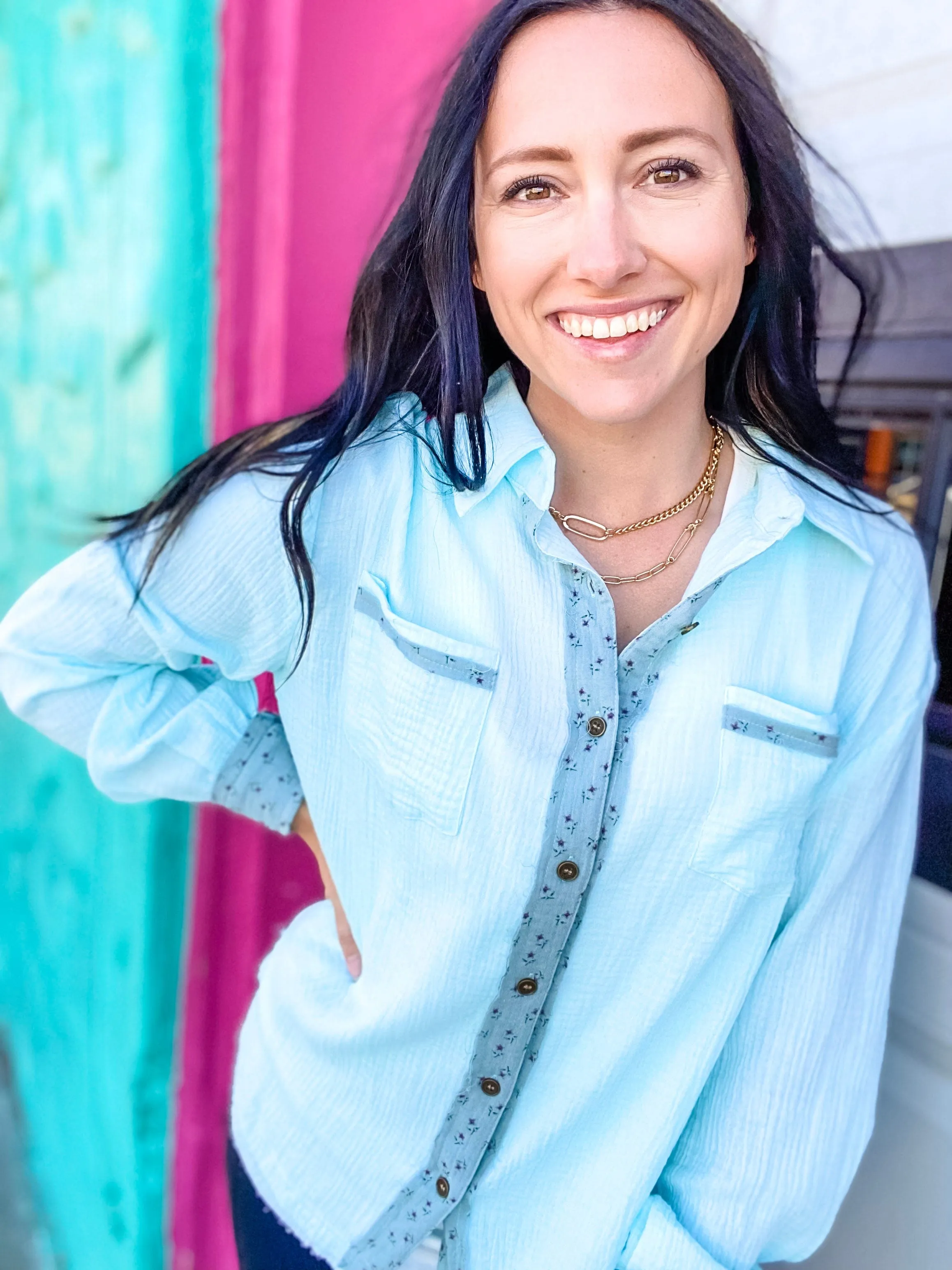 Floral Detail Gauze Top Ocean Blue