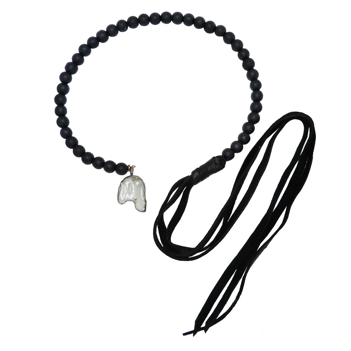 Gigi & Sugar White Pearl Black Bead & Deerskin Leather Necklace Lariat Penny