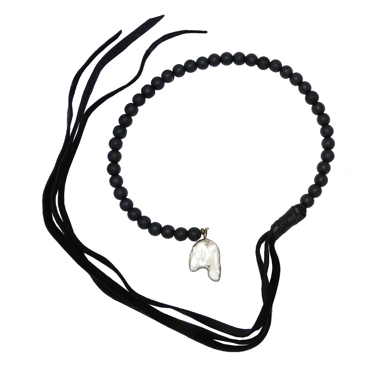 Gigi & Sugar White Pearl Black Bead & Deerskin Leather Necklace Lariat Penny