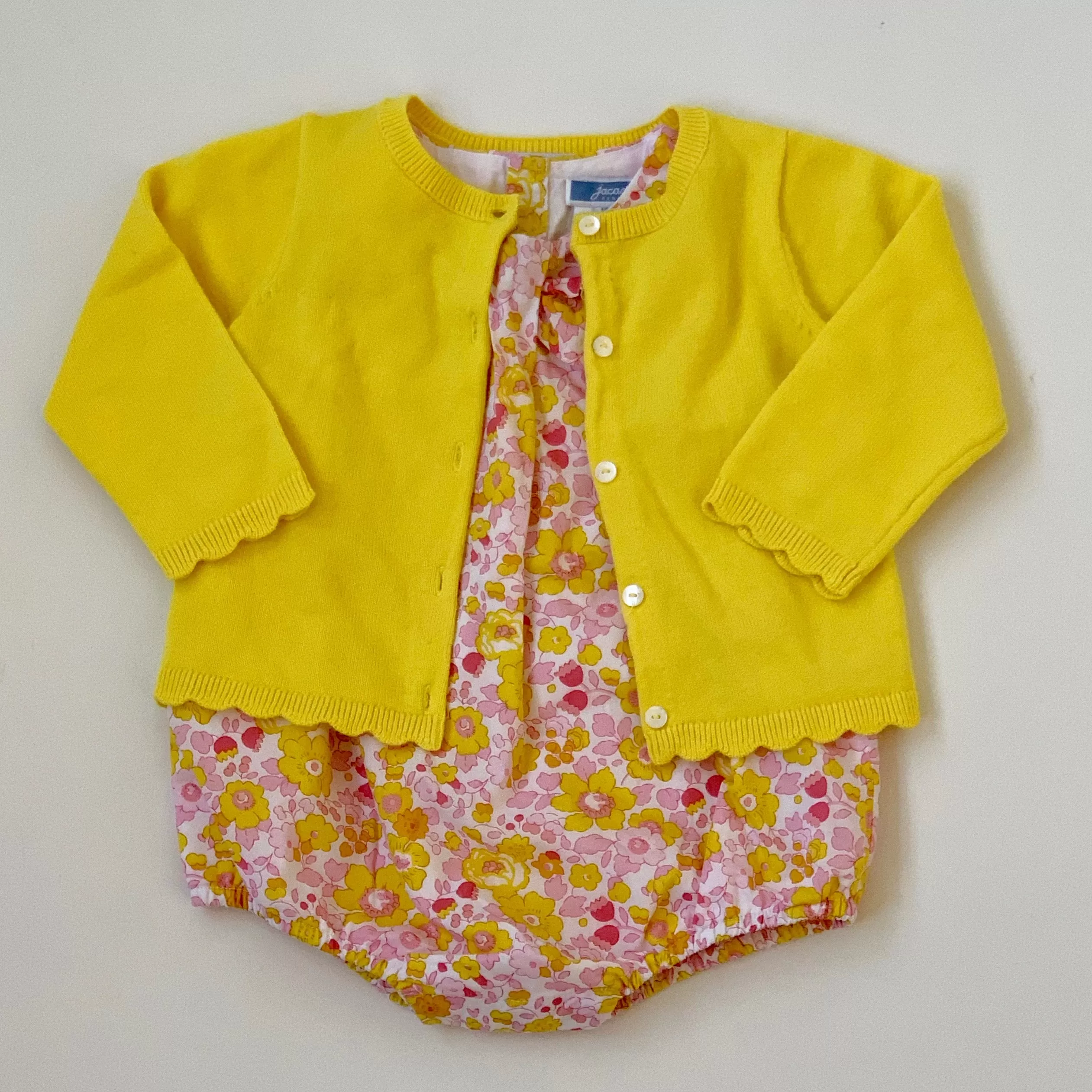 Jacadi Yellow Liberty Print Romper With Bow: 12 Months