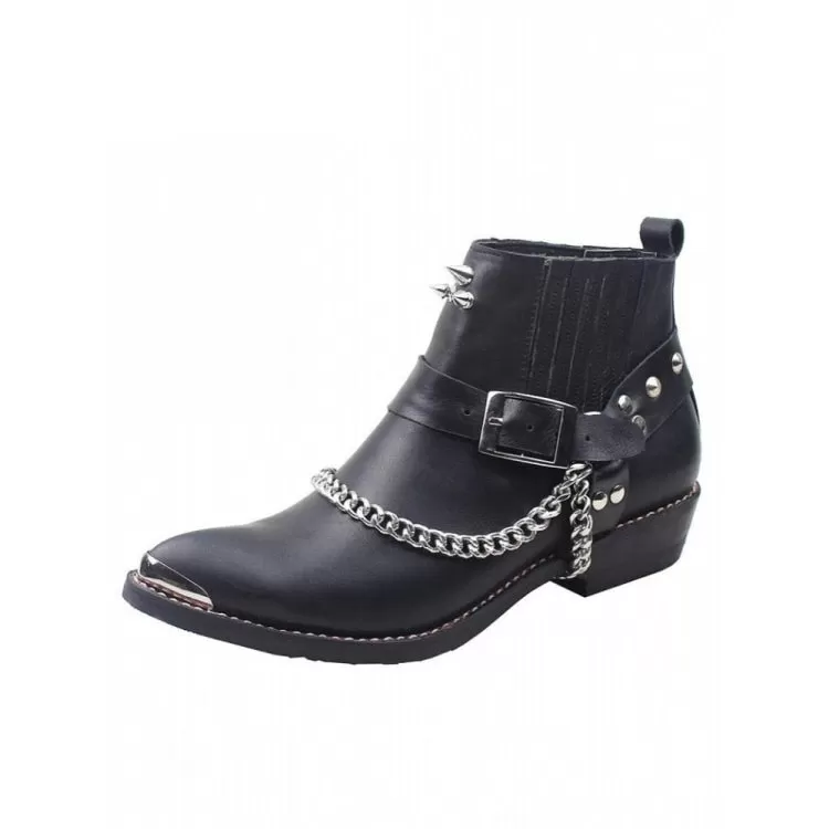 Men's Punk Style Cowboy Pointed Toe Rivet Chain Chelsea Short Boots