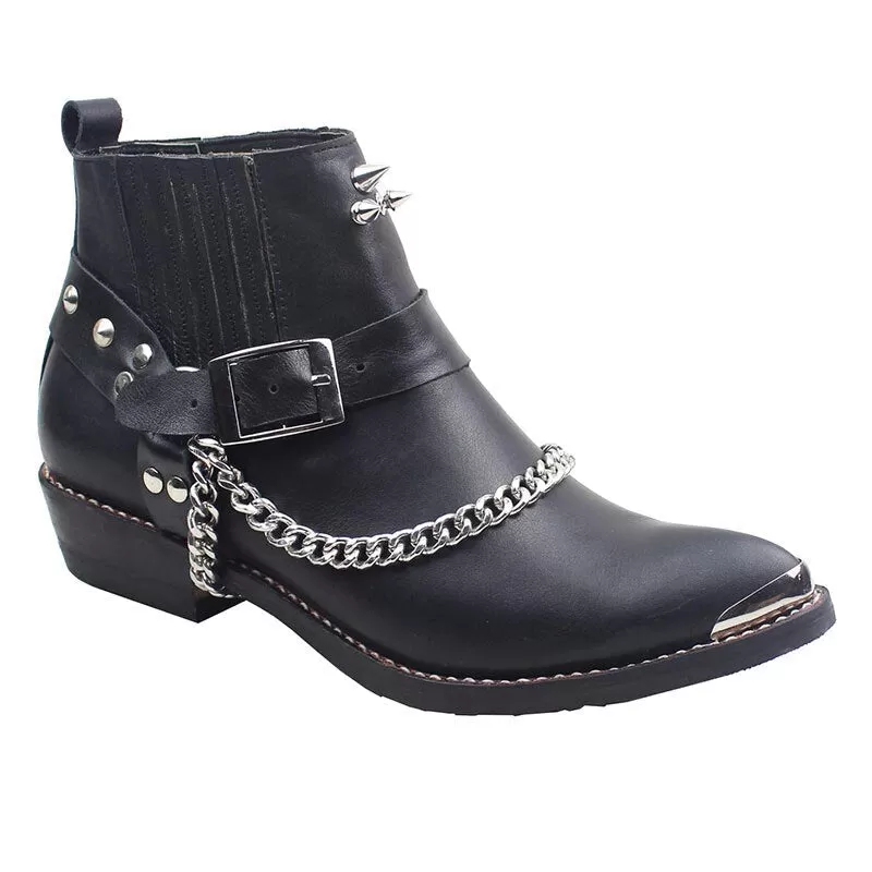 Men's Punk Style Cowboy Pointed Toe Rivet Chain Chelsea Short Boots