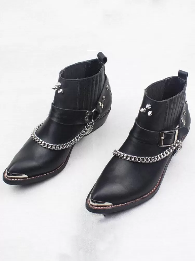 Men's Punk Style Cowboy Pointed Toe Rivet Chain Chelsea Short Boots