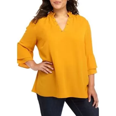 Michael Kors Women's Marigold Bell Sleeve Blouse Yellow Size 2X