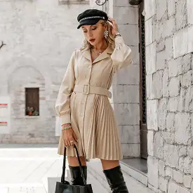 Office lady notched button pleated blazer dress women Lantern sleeves A-line belt mini dresses Female solid vestido 2021