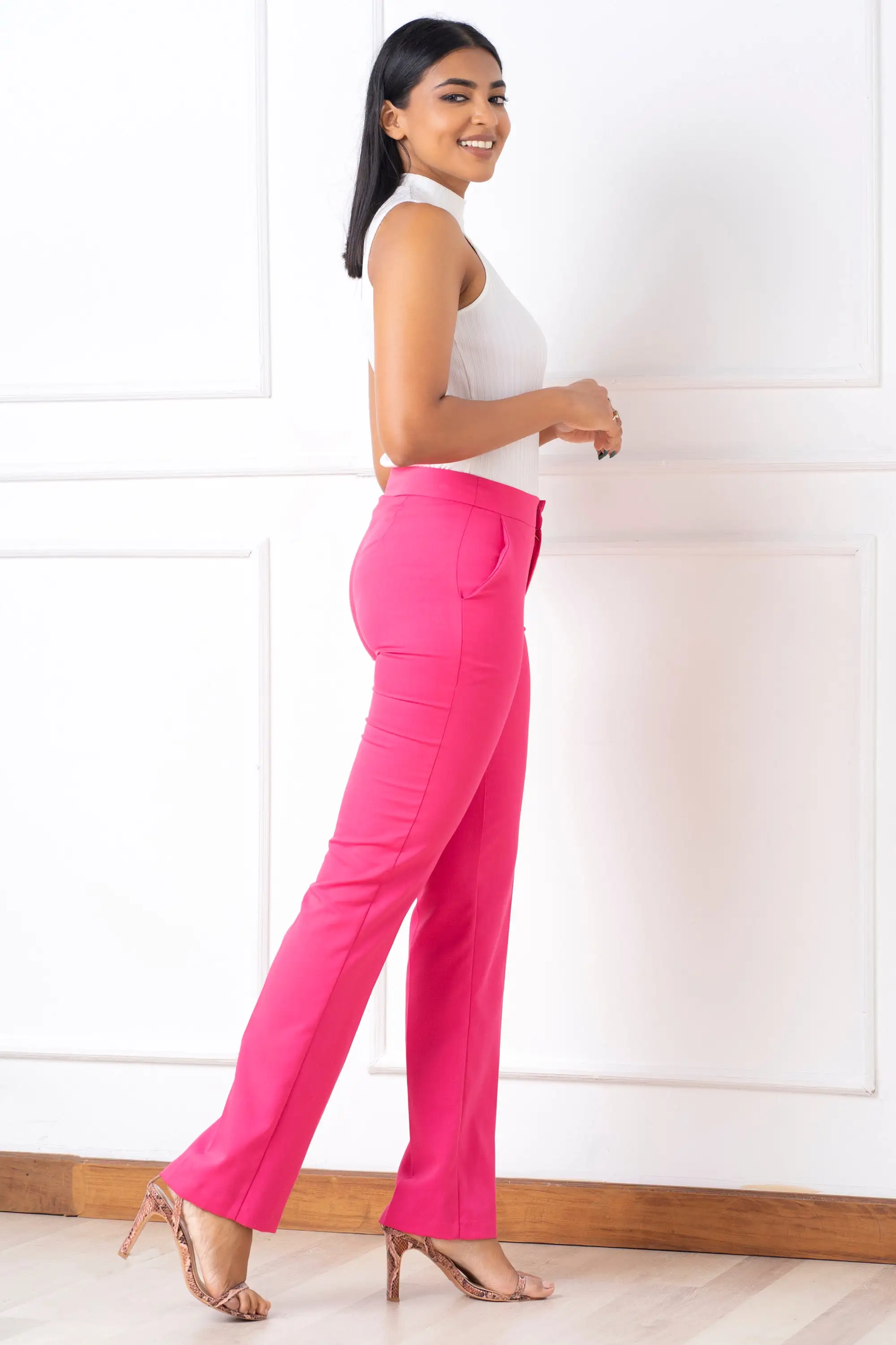 Pink Regular Waist Boot Cut Pant- Slim Fit