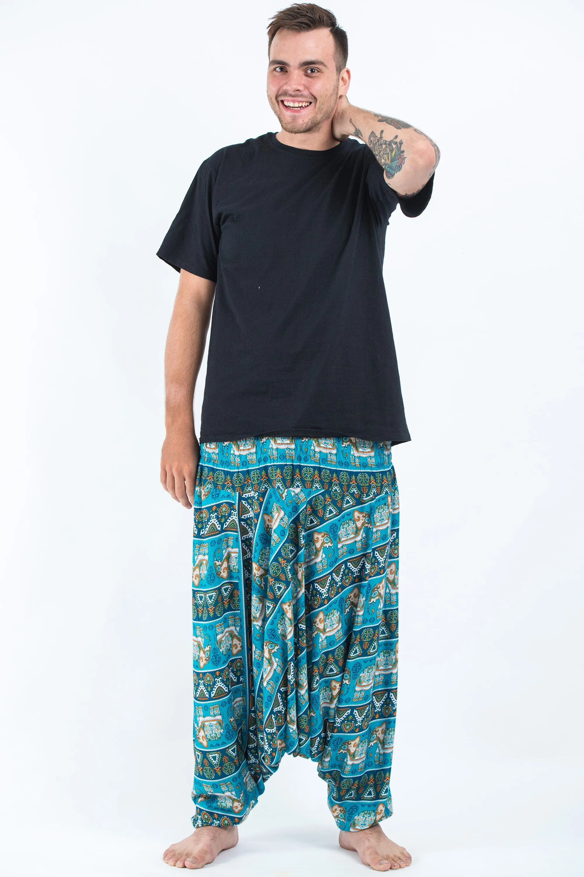 Plus Size Aztec Elephant Drop Crotch Men's Elephant Pants in Ocean Blue