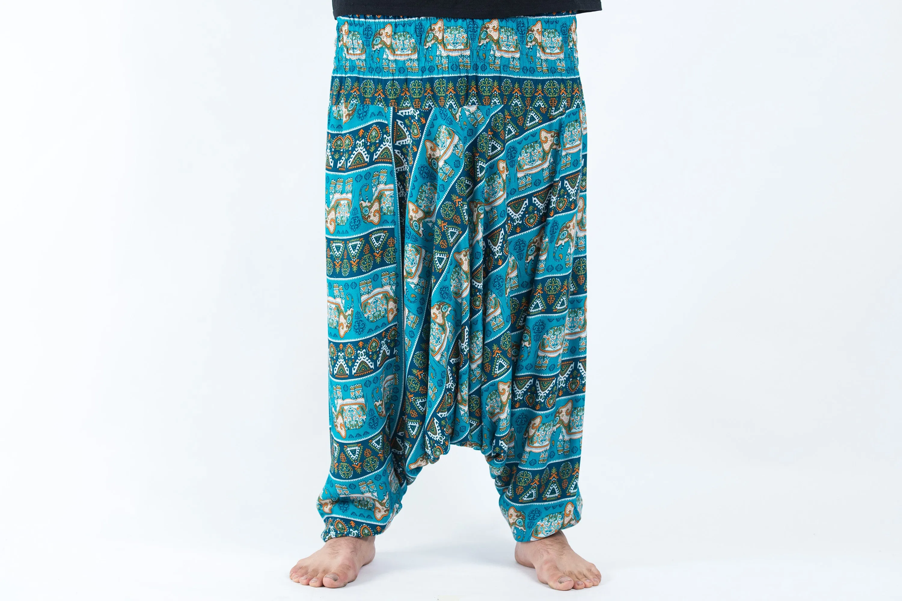 Plus Size Aztec Elephant Drop Crotch Men's Elephant Pants in Ocean Blue