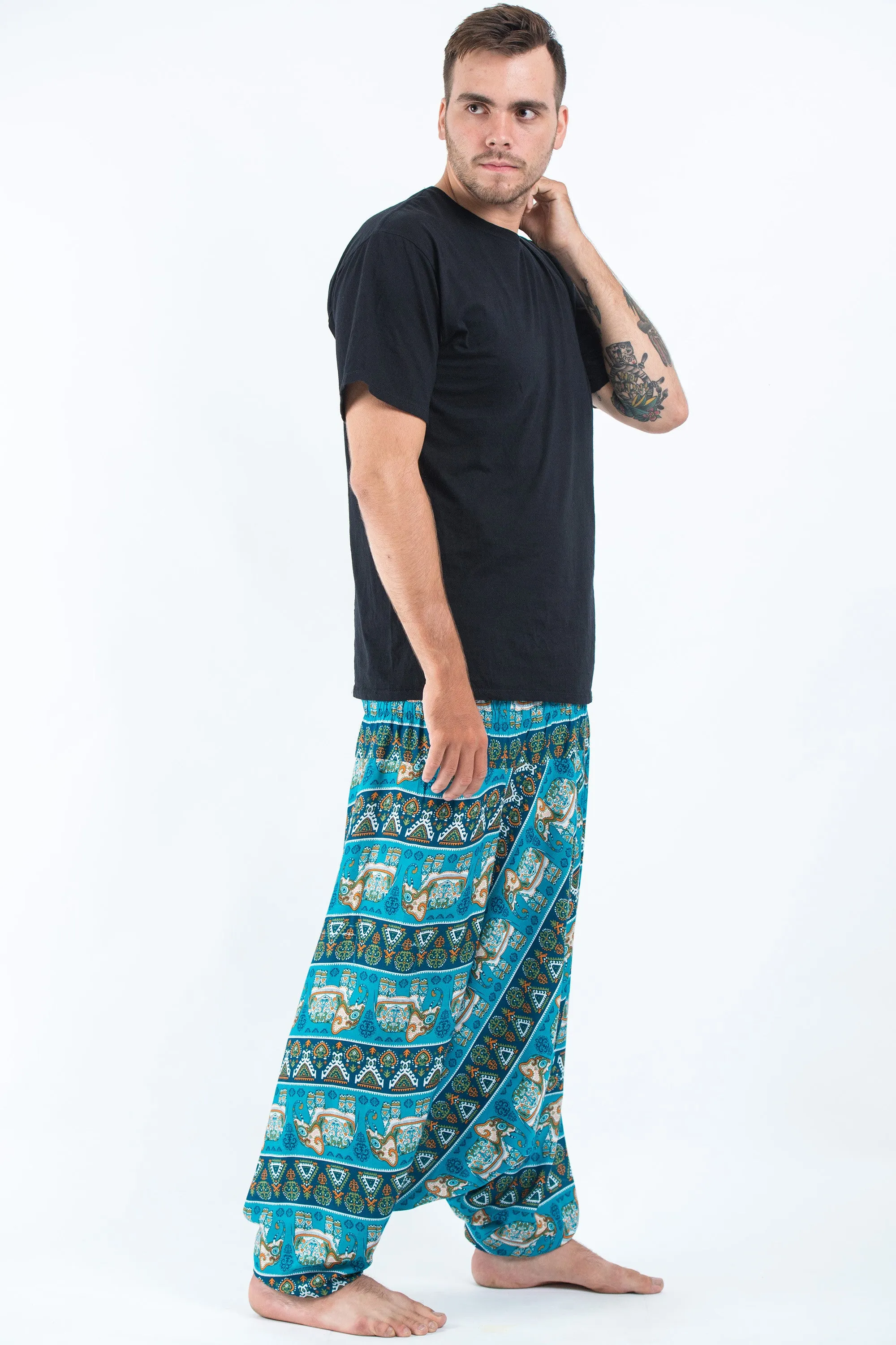 Plus Size Aztec Elephant Drop Crotch Men's Elephant Pants in Ocean Blue