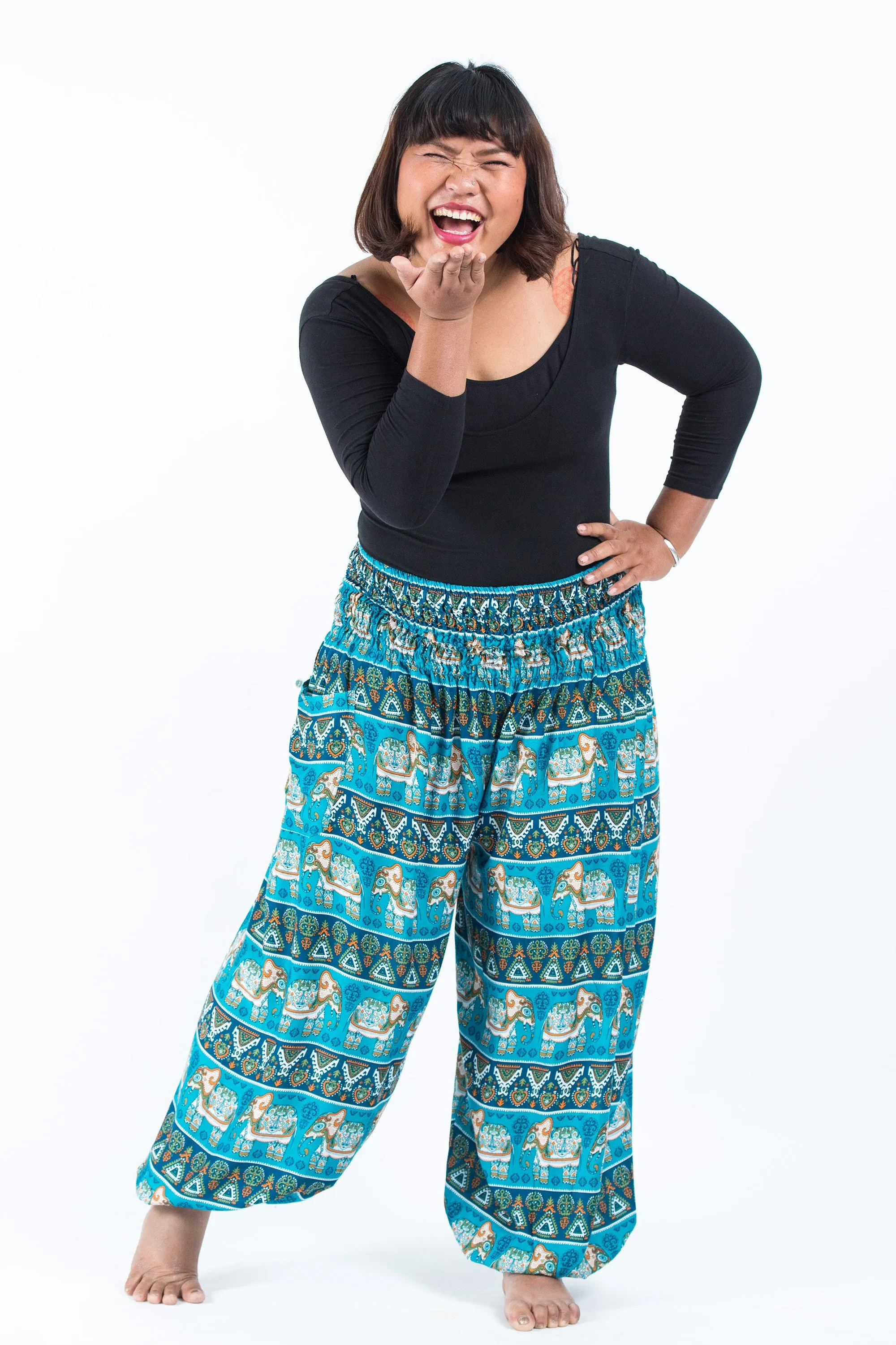 Plus Size Aztec Elephant Women's Elephant Pants in Ocean Blue