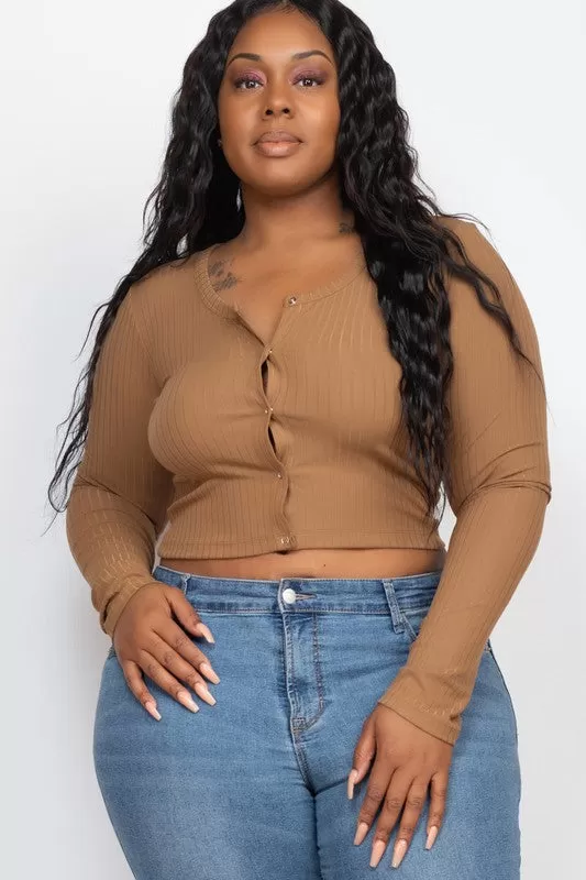 Plus Size Long Sleeve Snap Button Down Crop Top