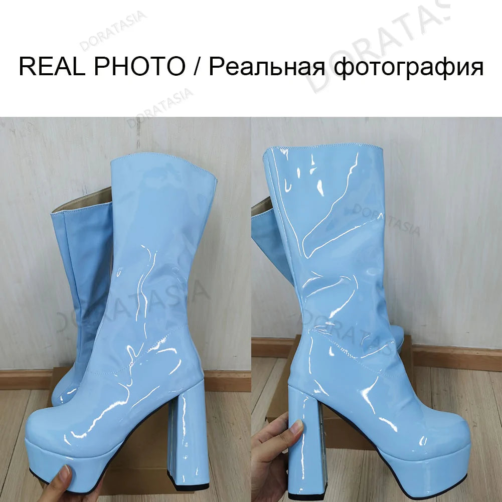 Sexy Winter Round Toe Square High Heels Gothic Platform Boots for Women