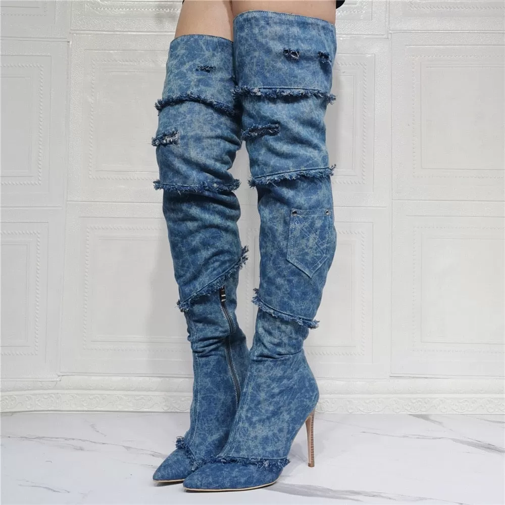 Sexy Women's Denim Fringe Side Zipper Over The Knee High Heels Boots