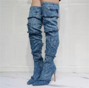 Sexy Women's Denim Fringe Side Zipper Over The Knee High Heels Boots