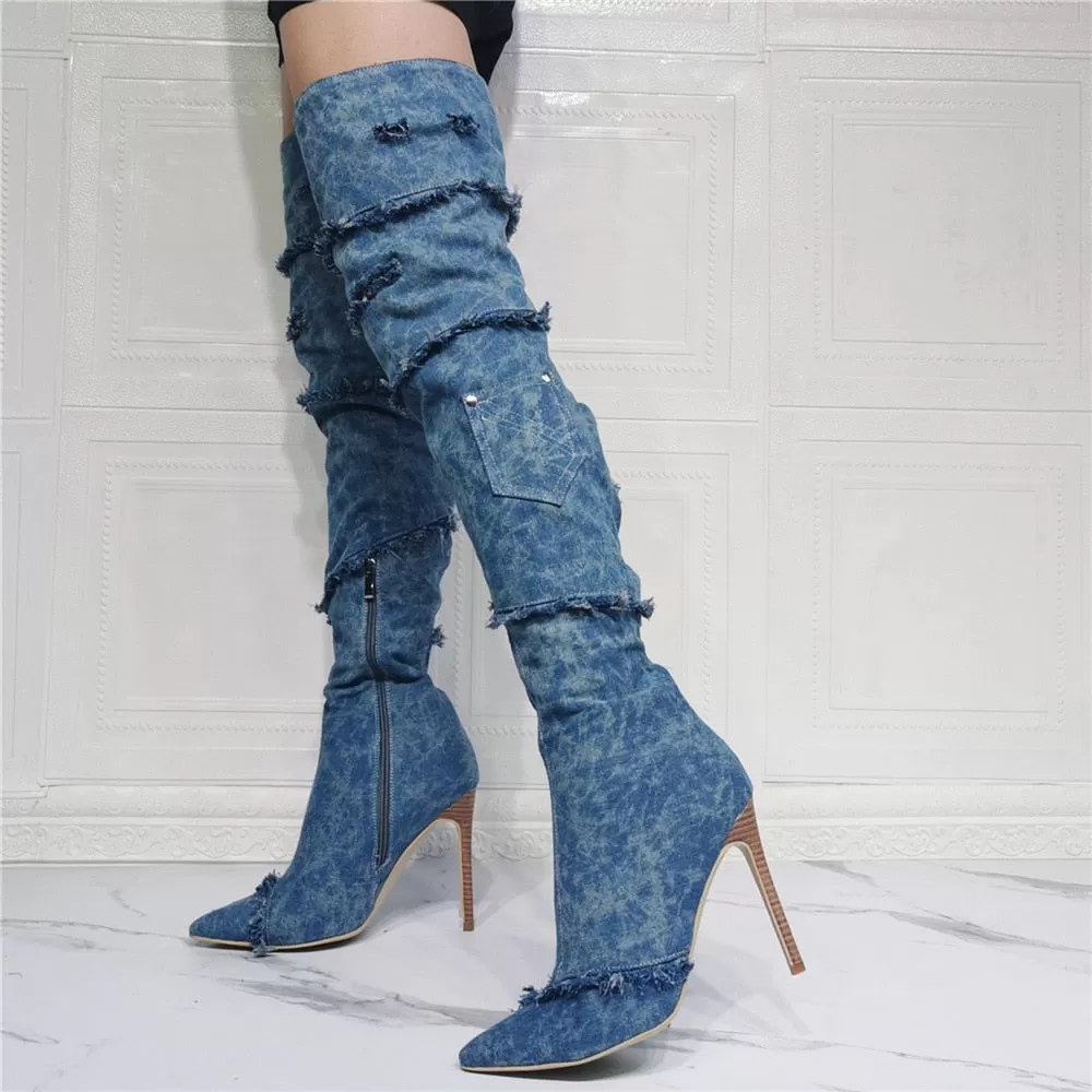 Sexy Women's Denim Fringe Side Zipper Over The Knee High Heels Boots