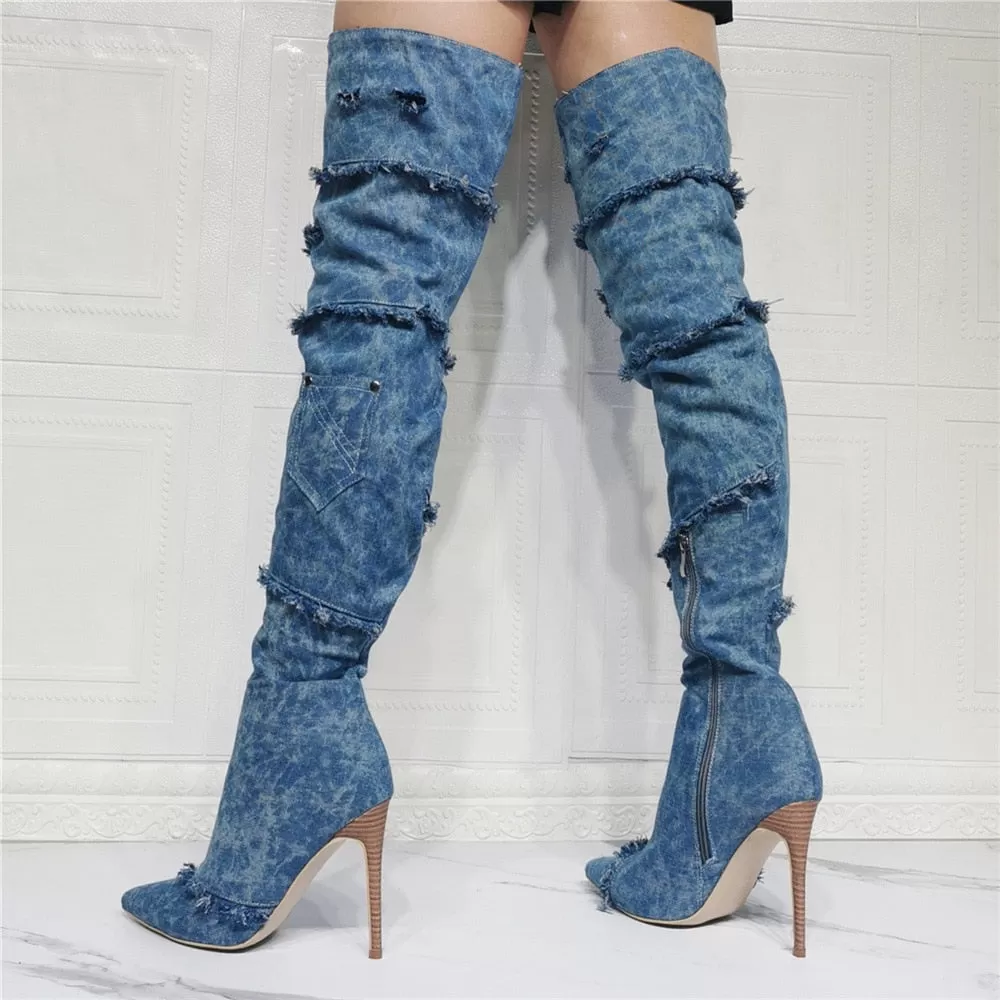 Sexy Women's Denim Fringe Side Zipper Over The Knee High Heels Boots