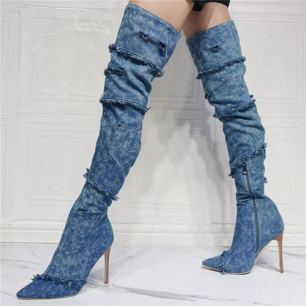 Sexy Women's Denim Fringe Side Zipper Over The Knee High Heels Boots