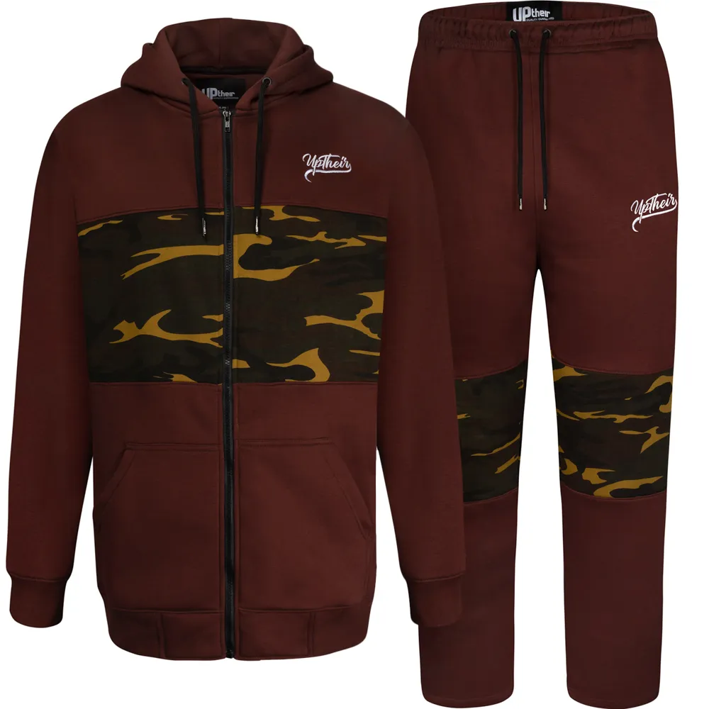 Uptheir Helston Camouflage Panel Hoody & Jogger Tracksuit Set - Brown