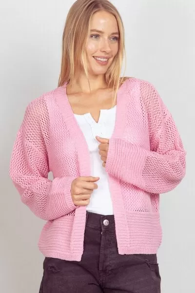 Very J Eyelet Open Front Long Sleeve Cardigan