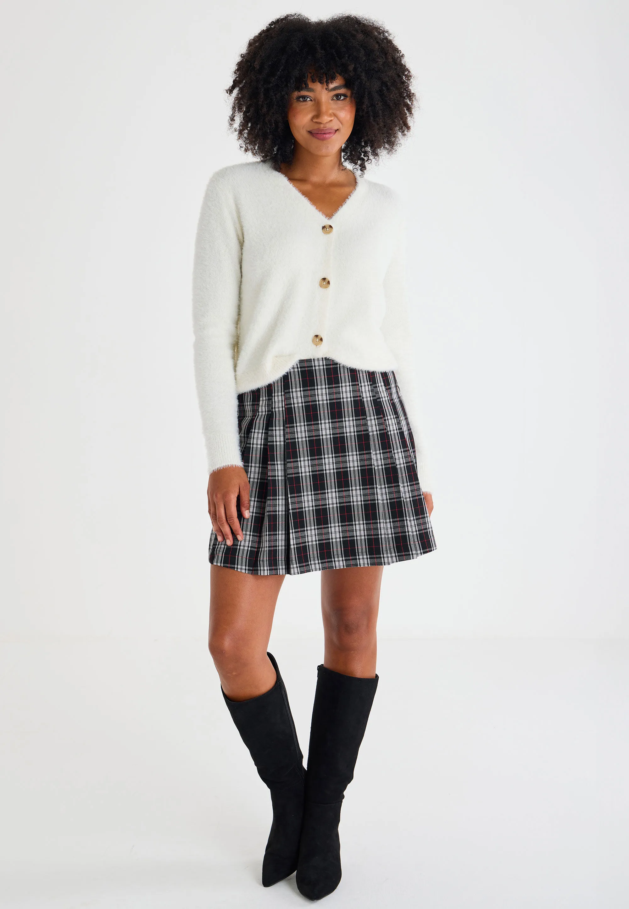 Womens Black Check Pleated Mini Skirt