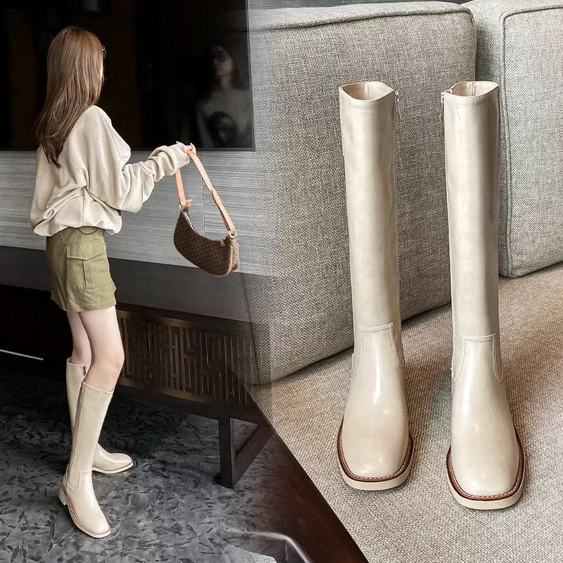 Women's Concise Solid Pattern Mid Calf Side Zipper Square Heels Boots