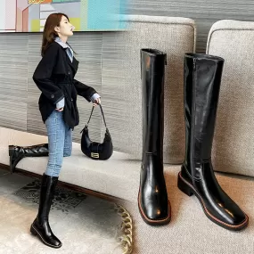 Women's Concise Solid Pattern Mid Calf Side Zipper Square Heels Boots